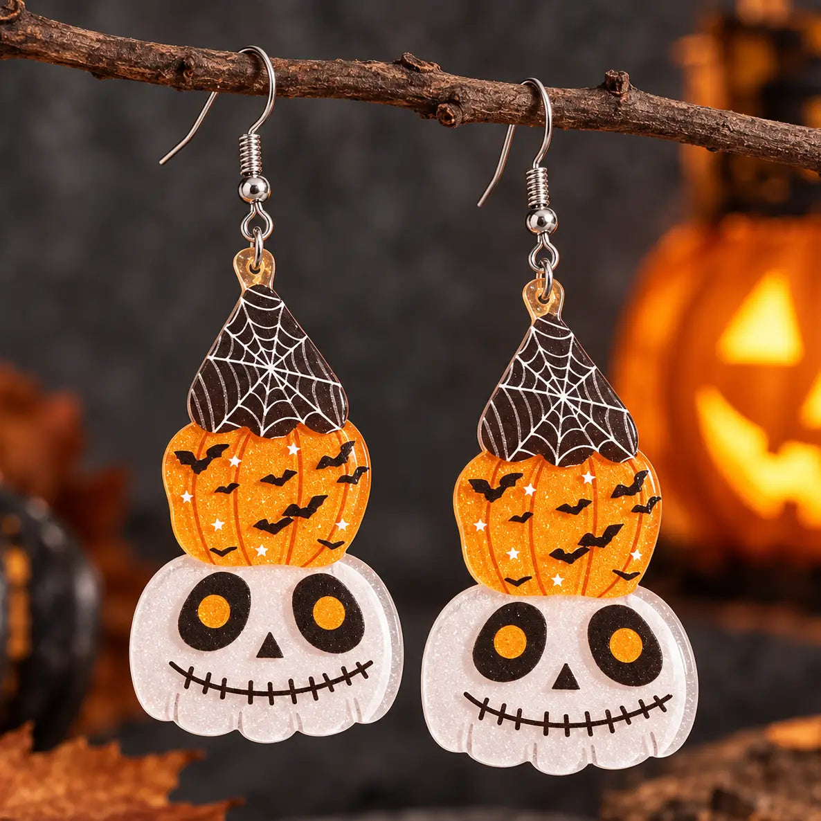 Cute Stacked Halloween Pumpkin Ghost Acrylic Drop Earrings