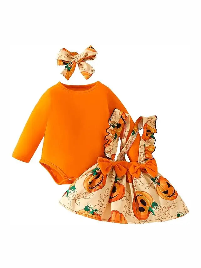 Orange Spooky Pumpkin 3pcs Baby Romper Dress Outfit