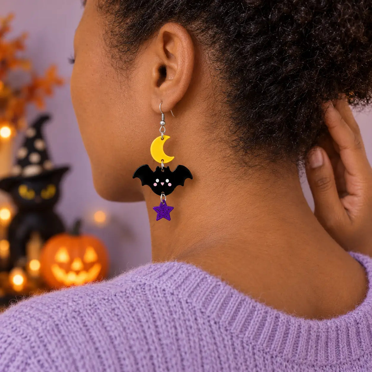 Cute Black Bat Crescent Moon Star Acrylic Drop Earrings