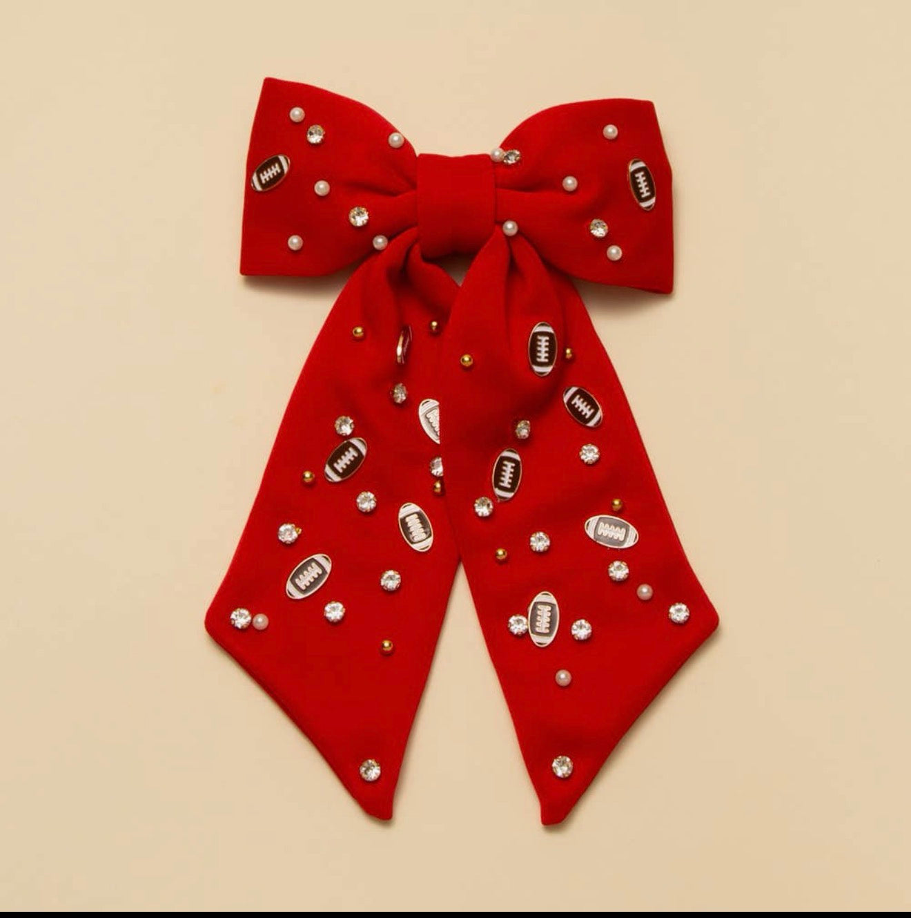 Football Charm Crystal Pearl Embellished Bow Barrette - Red