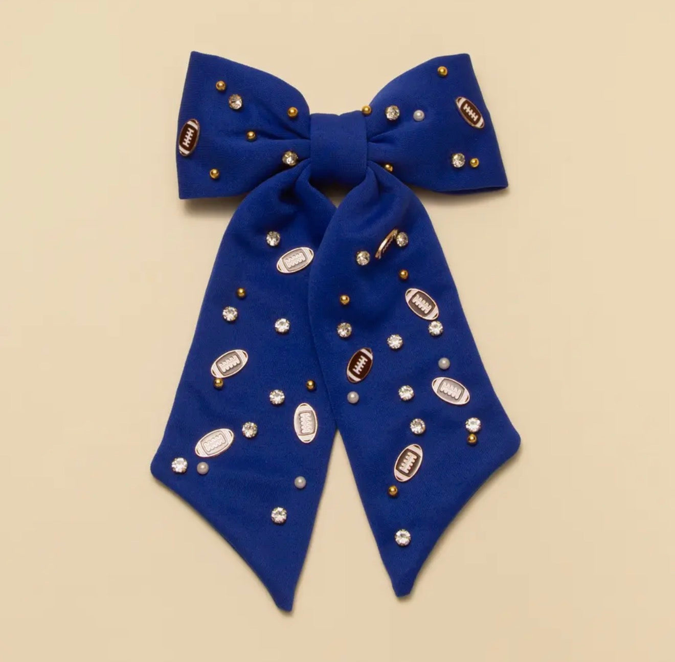 Football Charm Crystal Pearl Embellished Bow Barrette - Blue