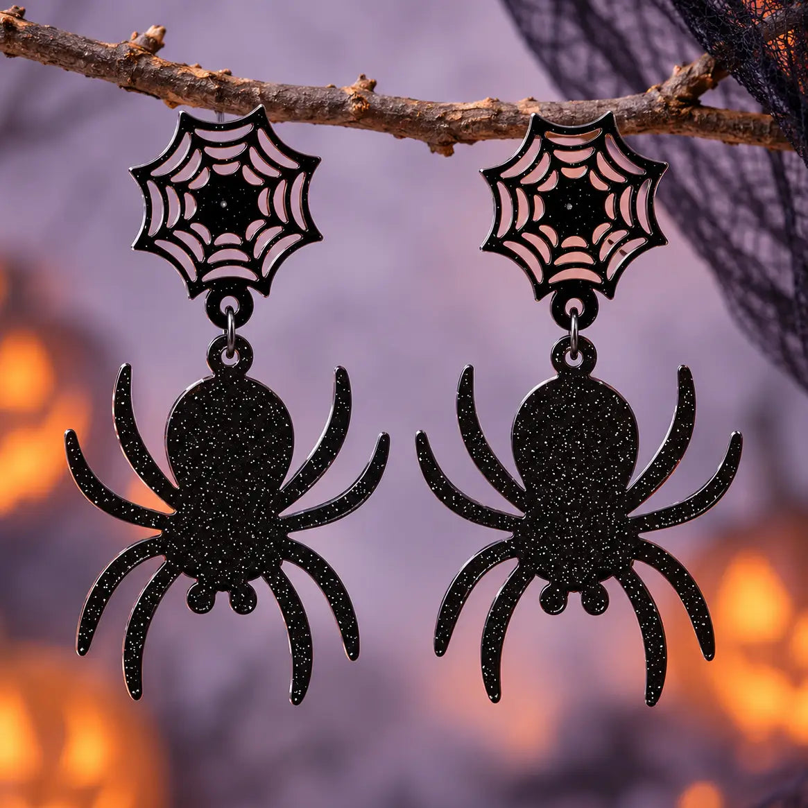 Trendy Black Glitter Spider and Web Acrylic Drop Earrings