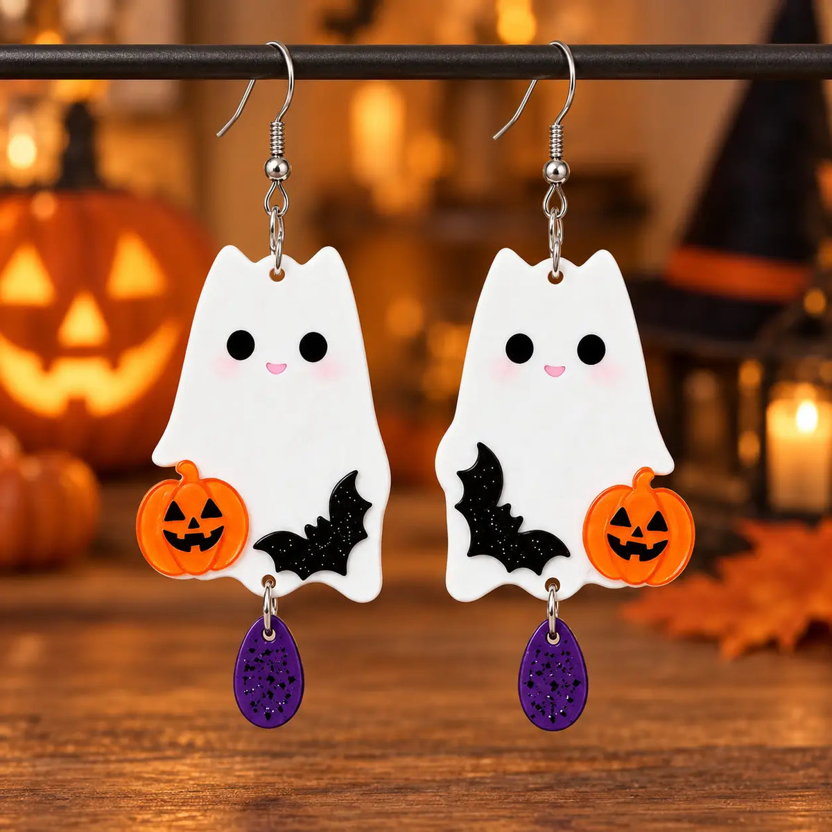 Cute White Ghost Bat Pumpkin Acrylic Halloween Drop Earrings