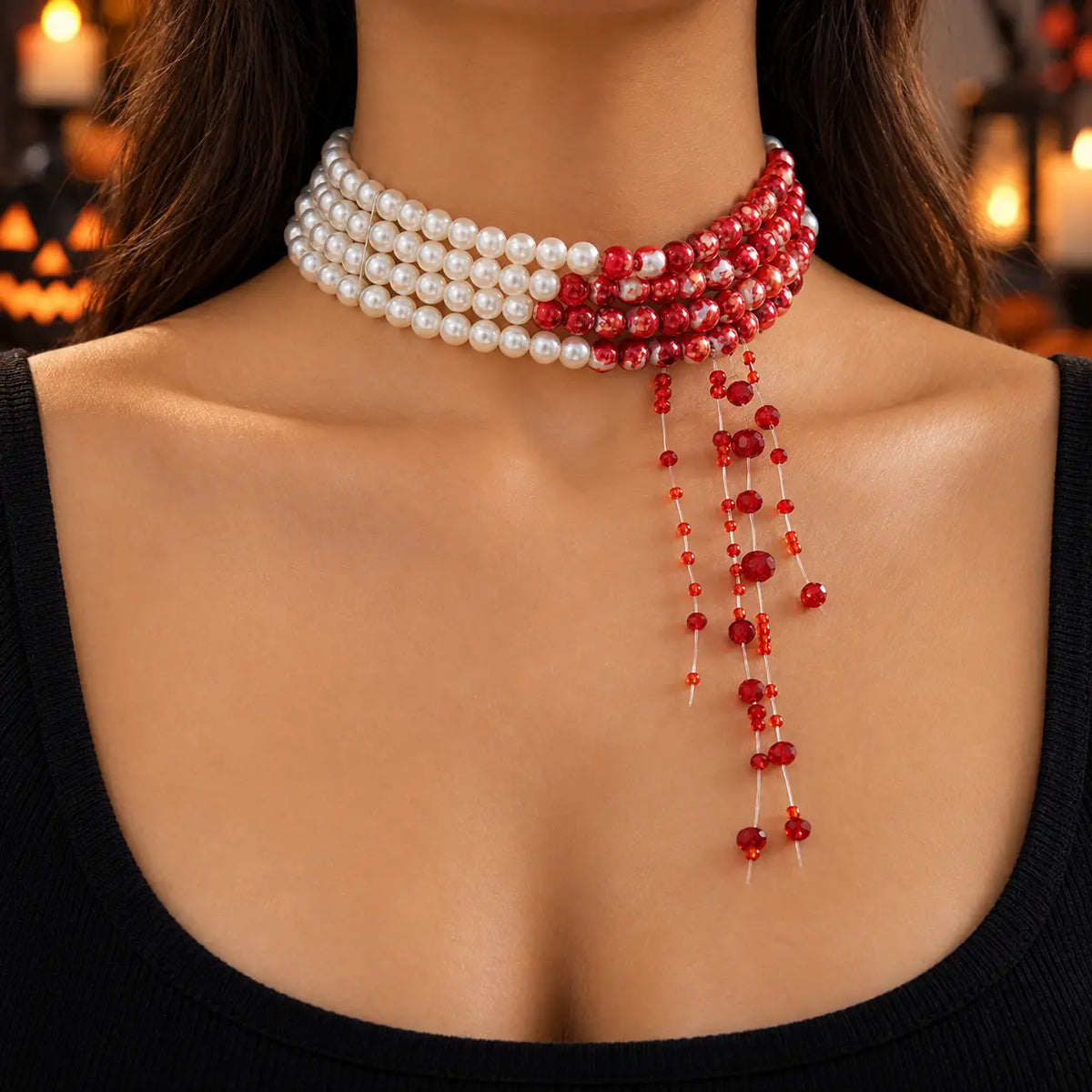Gothic Blood Drip Faux Pearl Layered Tassel Choker Necklace