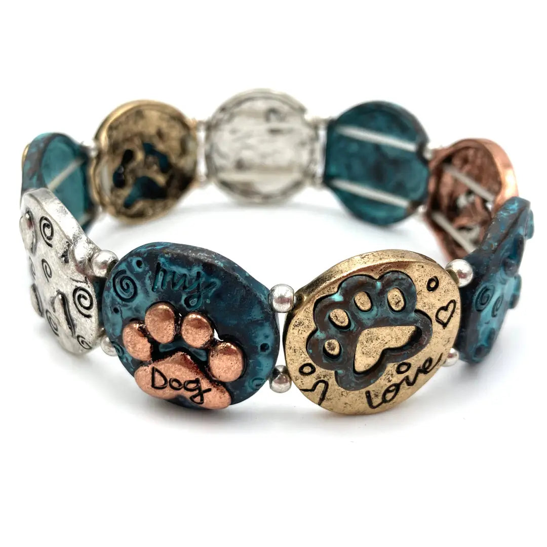 I Love Dog Paw Stretch Bracelet - Patina