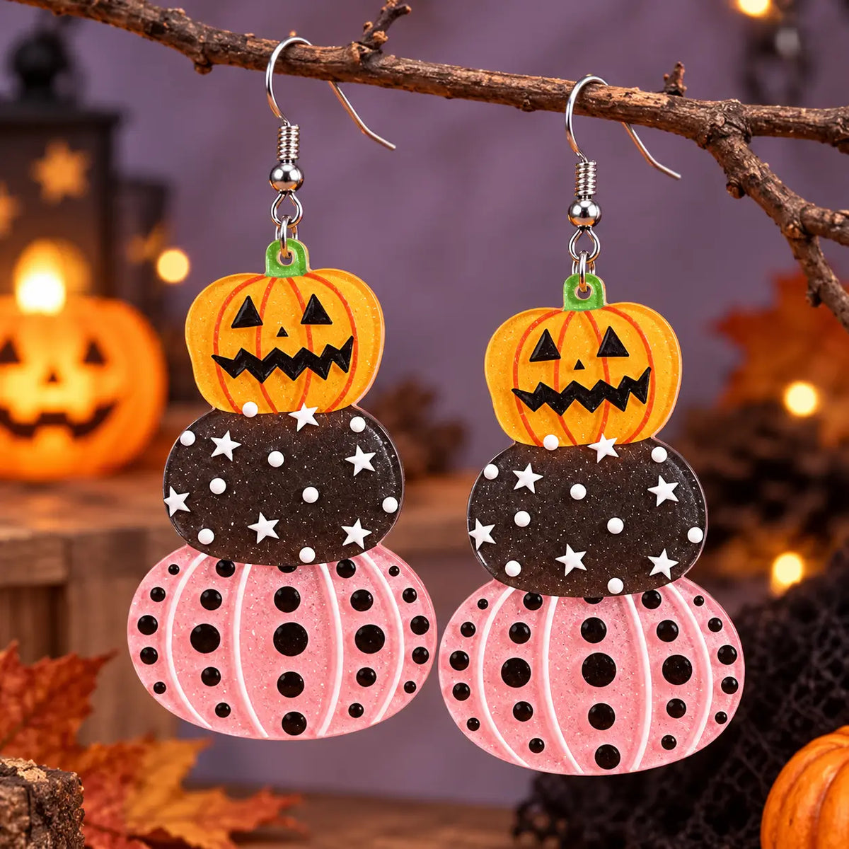 Cute Stacked Pastel Pink and Black Pumpkin Halloween Drop Earrings