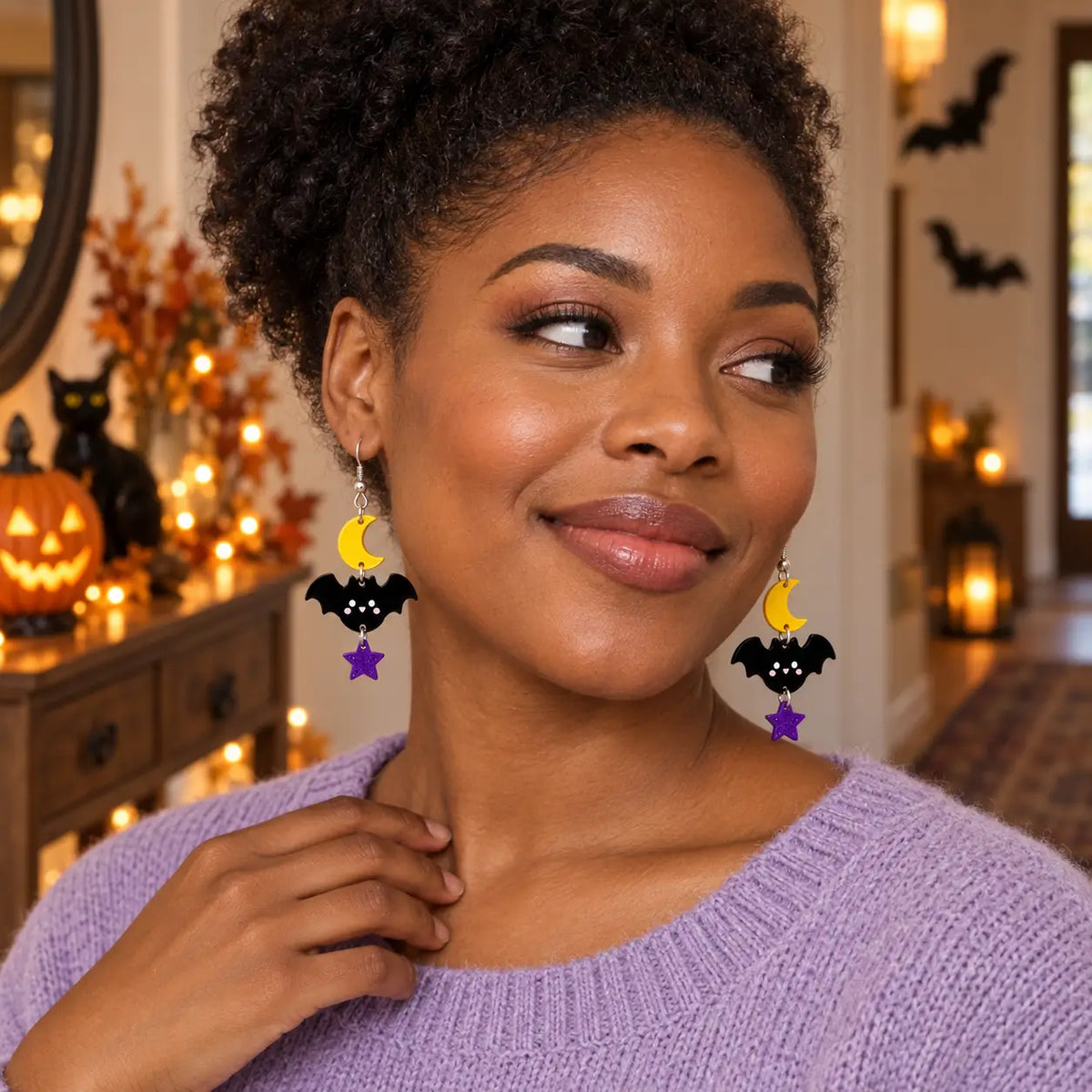 Cute Black Bat Crescent Moon Star Acrylic Drop Earrings