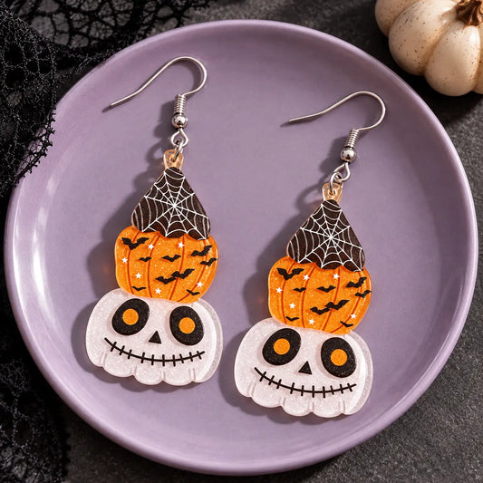 Cute Stacked Halloween Pumpkin Ghost Acrylic Drop Earrings