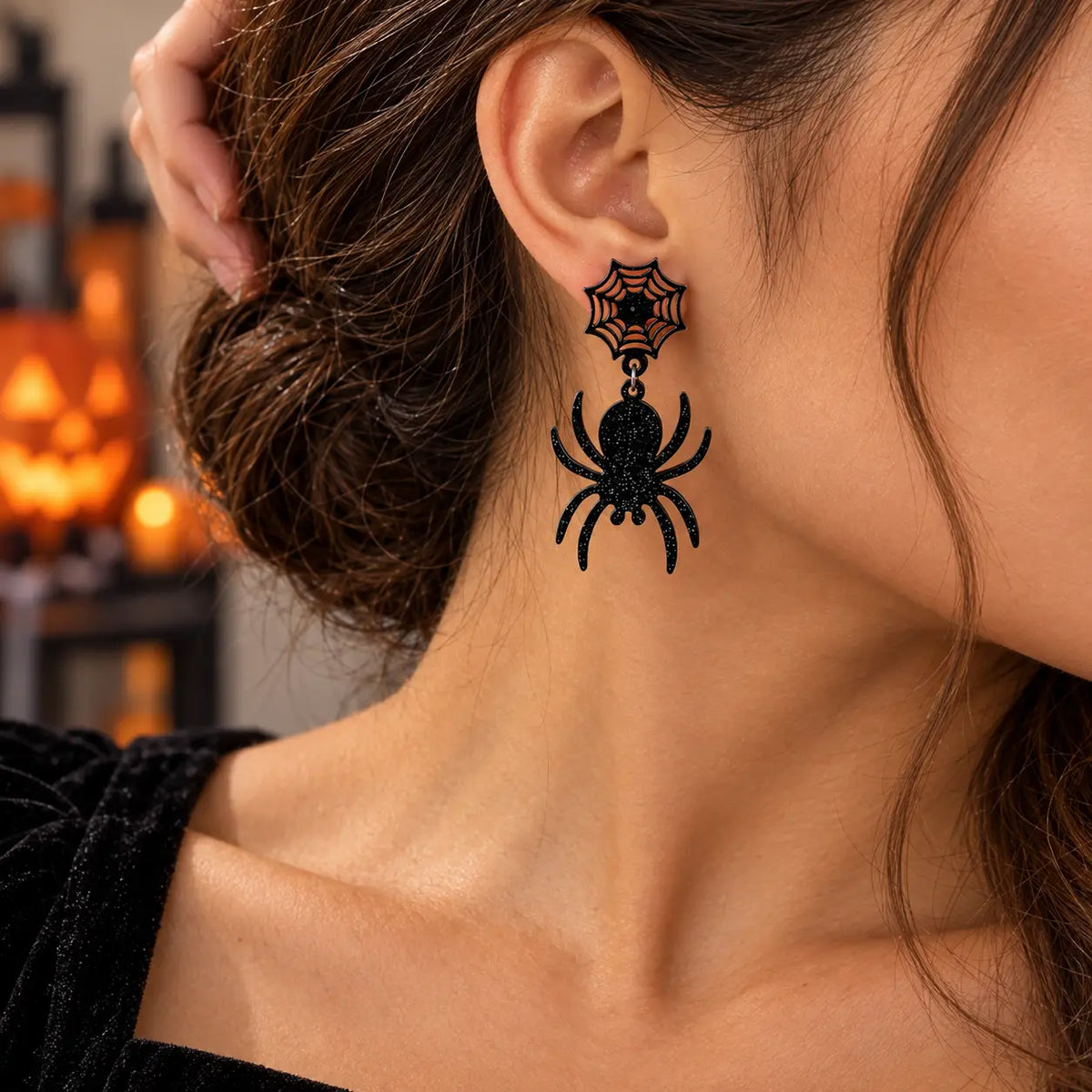 Trendy Black Glitter Spider and Web Acrylic Drop Earrings