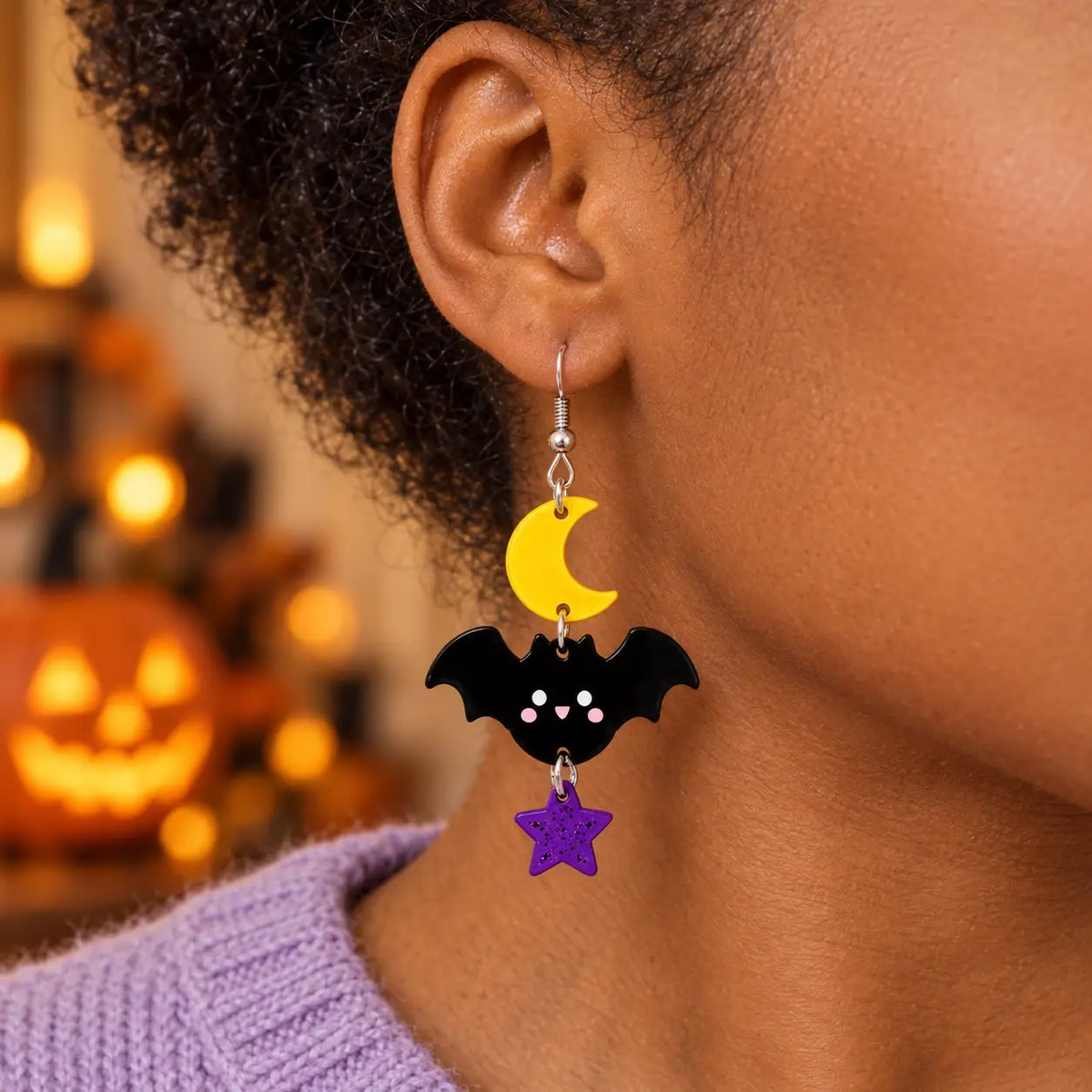 Cute Black Bat Crescent Moon Star Acrylic Drop Earrings