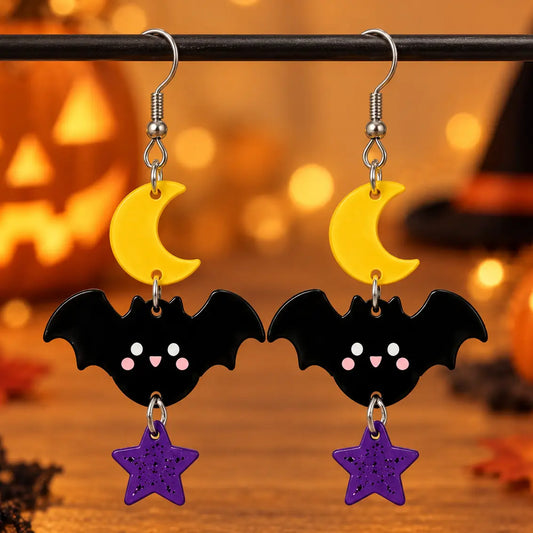 Cute Black Bat Crescent Moon Star Acrylic Drop Earrings