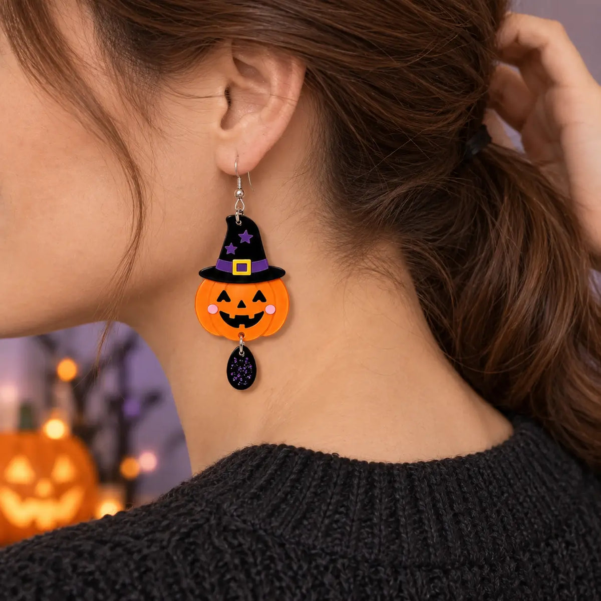 Cute Jack-O'-Lantern Witch Hat Acrylic Halloween Drop Earrings