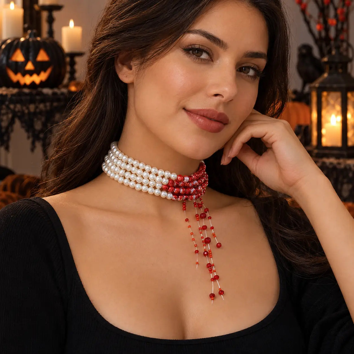 Gothic Blood Drip Faux Pearl Layered Tassel Choker Necklace