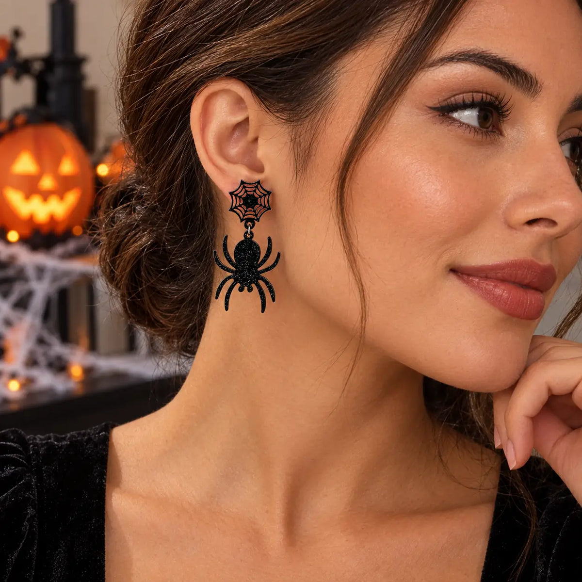 Trendy Black Glitter Spider and Web Acrylic Drop Earrings
