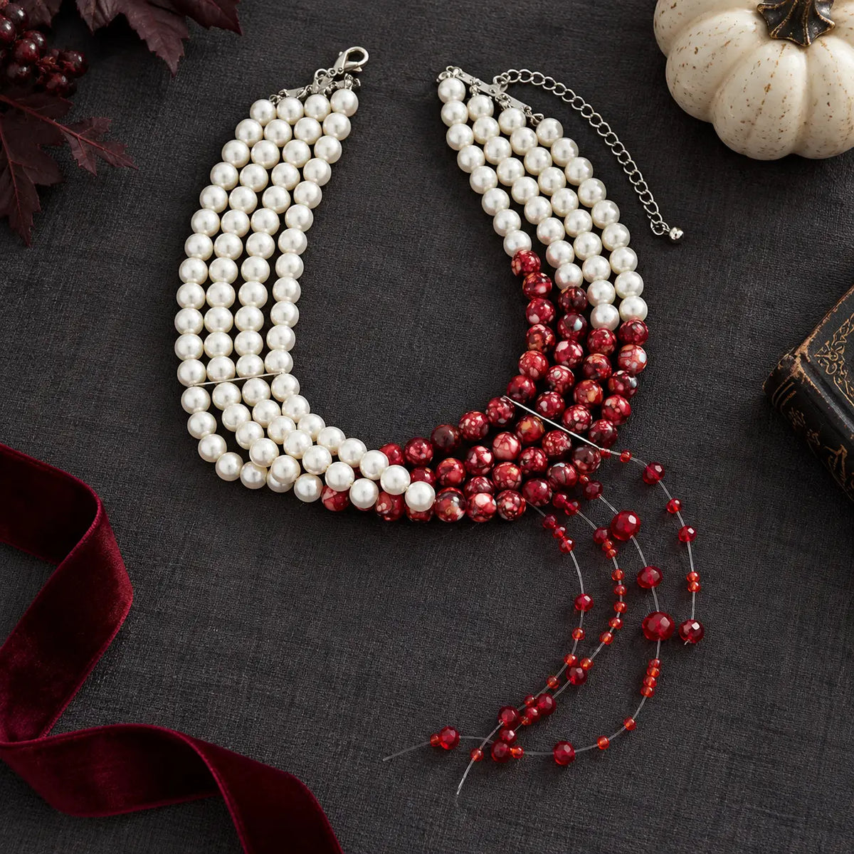 Gothic Blood Drip Faux Pearl Layered Tassel Choker Necklace