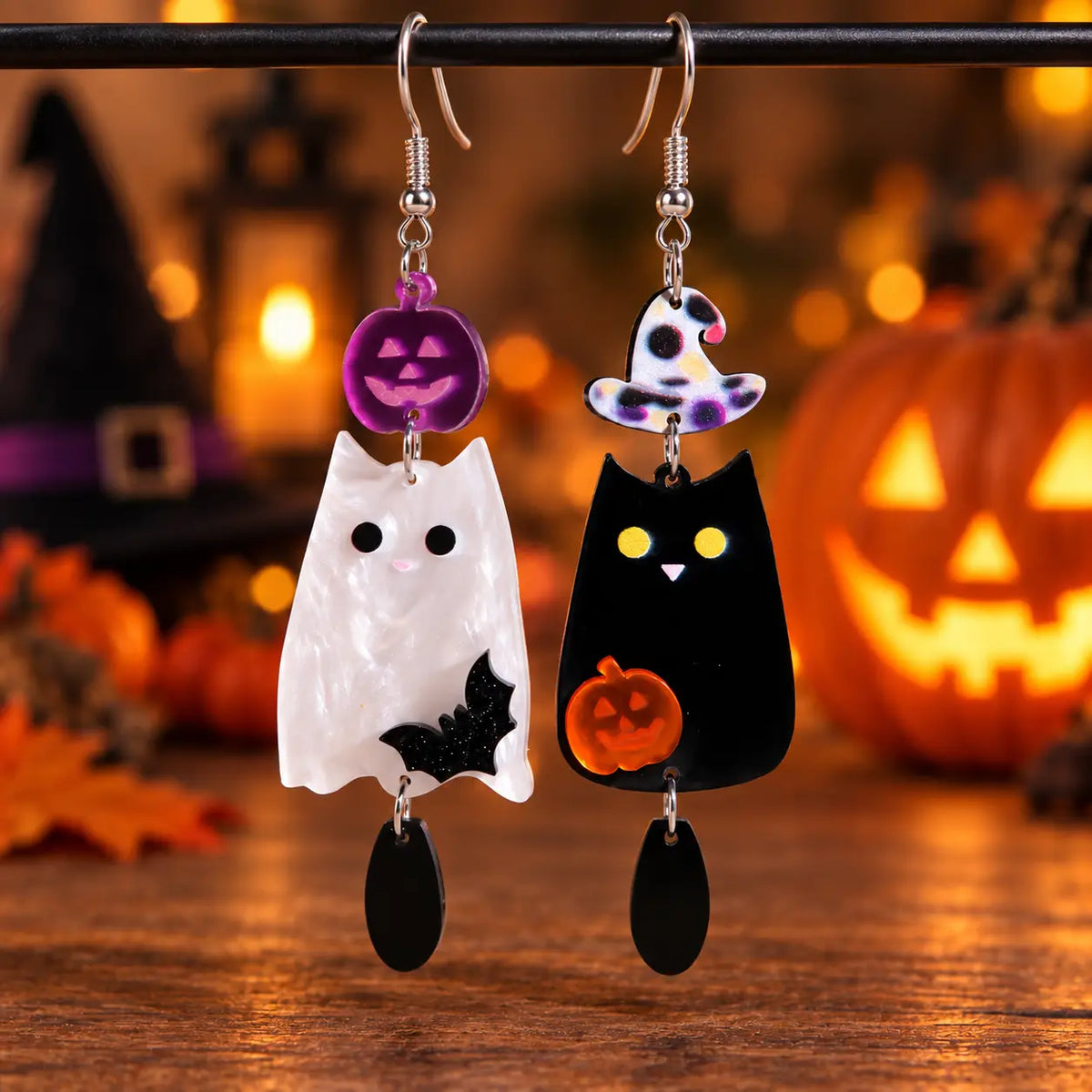 Cute Mismatched Halloween Ghost and Black Cat Acrylic Drop Earrings