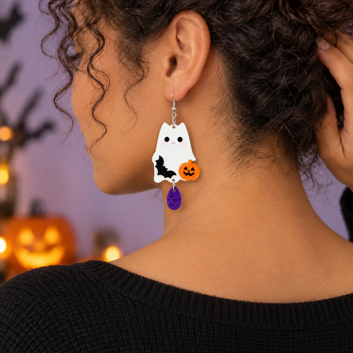 Cute White Ghost Bat Pumpkin Acrylic Halloween Drop Earrings