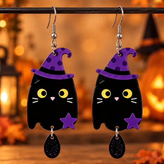 Cute Halloween Black Cat Witch Hat Acrylic Drop Earrings