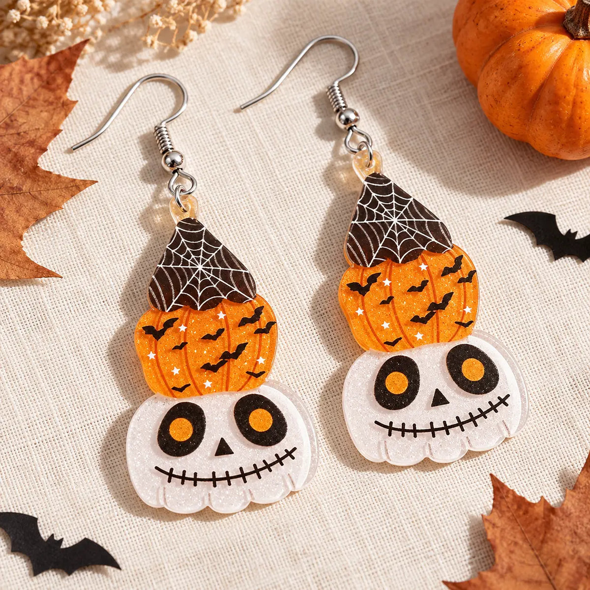 Cute Stacked Halloween Pumpkin Ghost Acrylic Drop Earrings