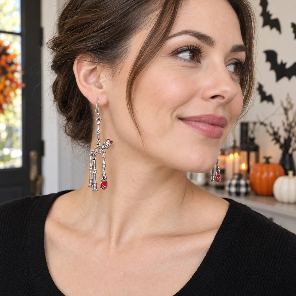 Punk Silver Skeleton Halloween Drop Earrings with Red Pumpkin