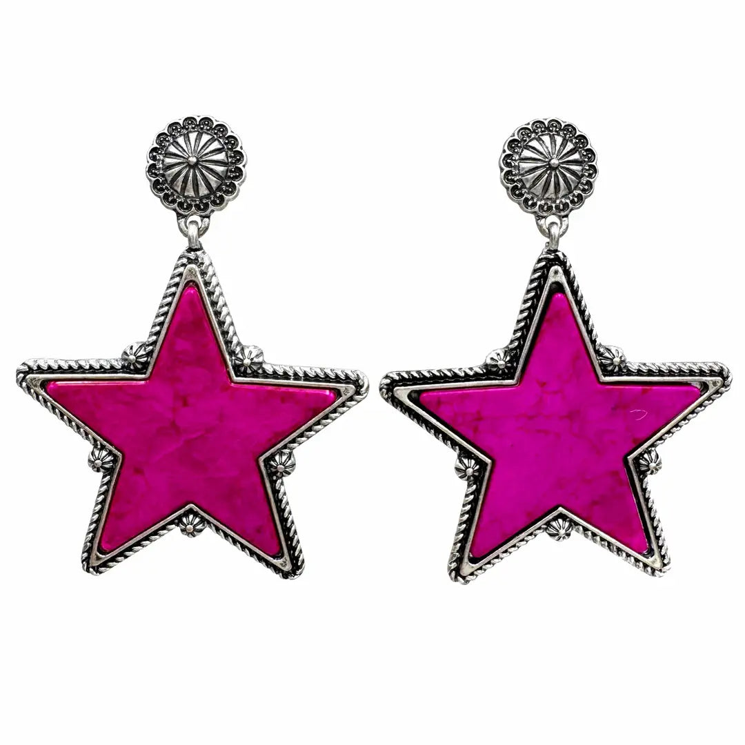 Large Star Turquoise Stone Western Earrings - Pink