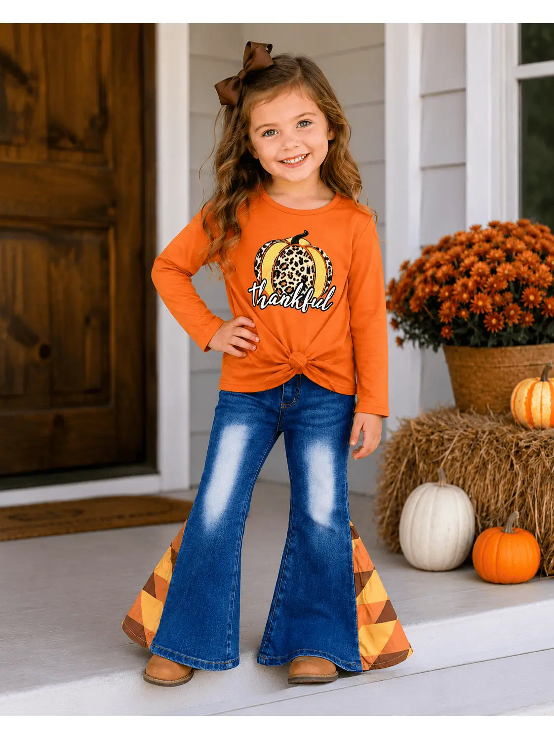Thankful Orange Pumpkin Denim Outfit Kids