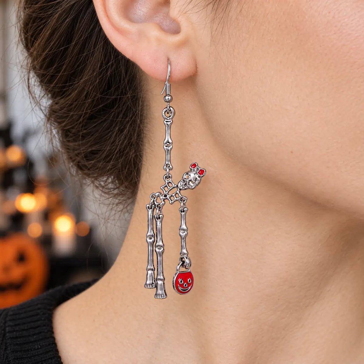 Punk Silver Skeleton Halloween Drop Earrings with Red Pumpkin