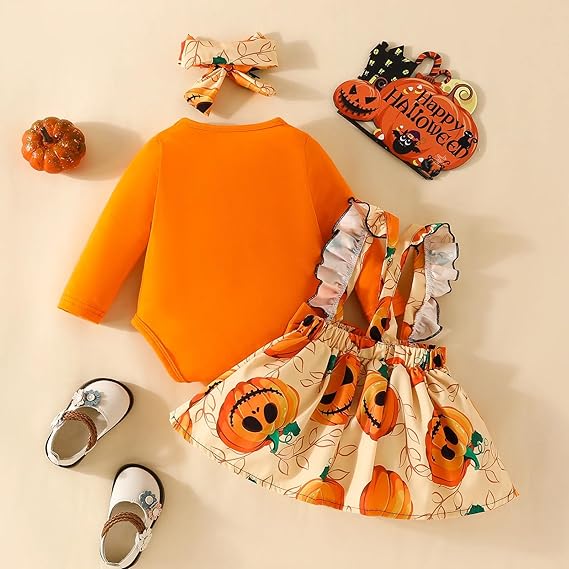 Orange Spooky Pumpkin 3pcs Baby Romper Dress Outfit