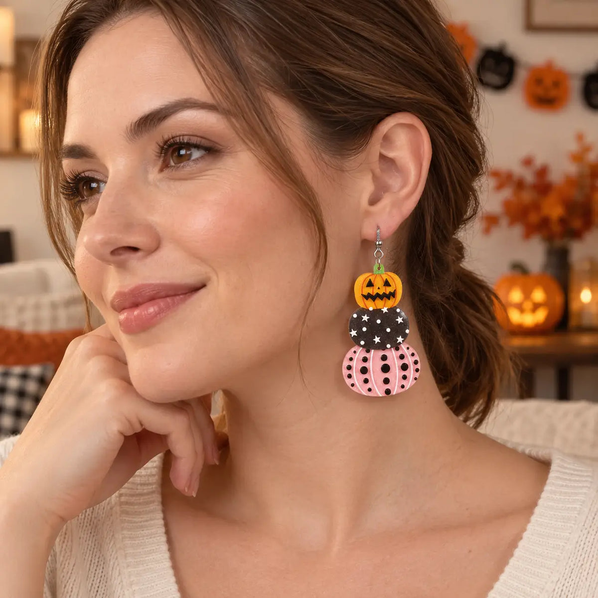 Cute Stacked Pastel Pink and Black Pumpkin Halloween Drop Earrings