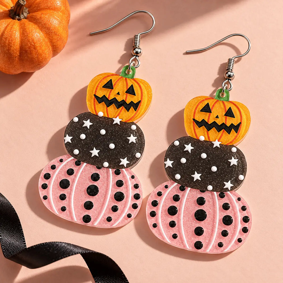 Cute Stacked Pastel Pink and Black Pumpkin Halloween Drop Earrings