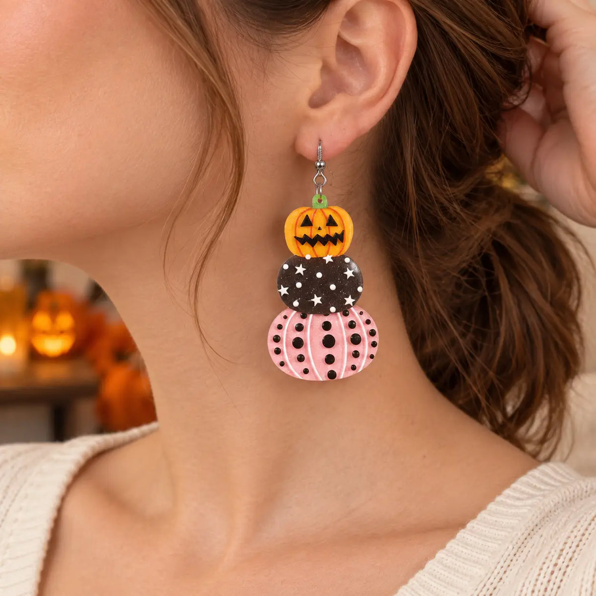 Cute Stacked Pastel Pink and Black Pumpkin Halloween Drop Earrings