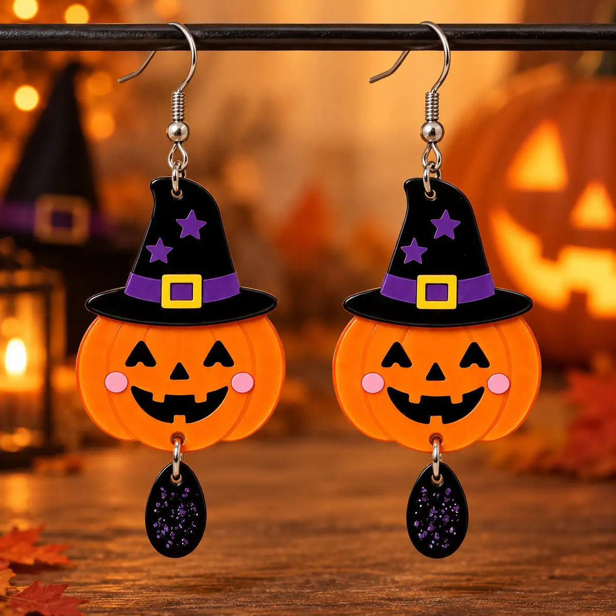Cute Jack-O'-Lantern Witch Hat Acrylic Halloween Drop Earrings