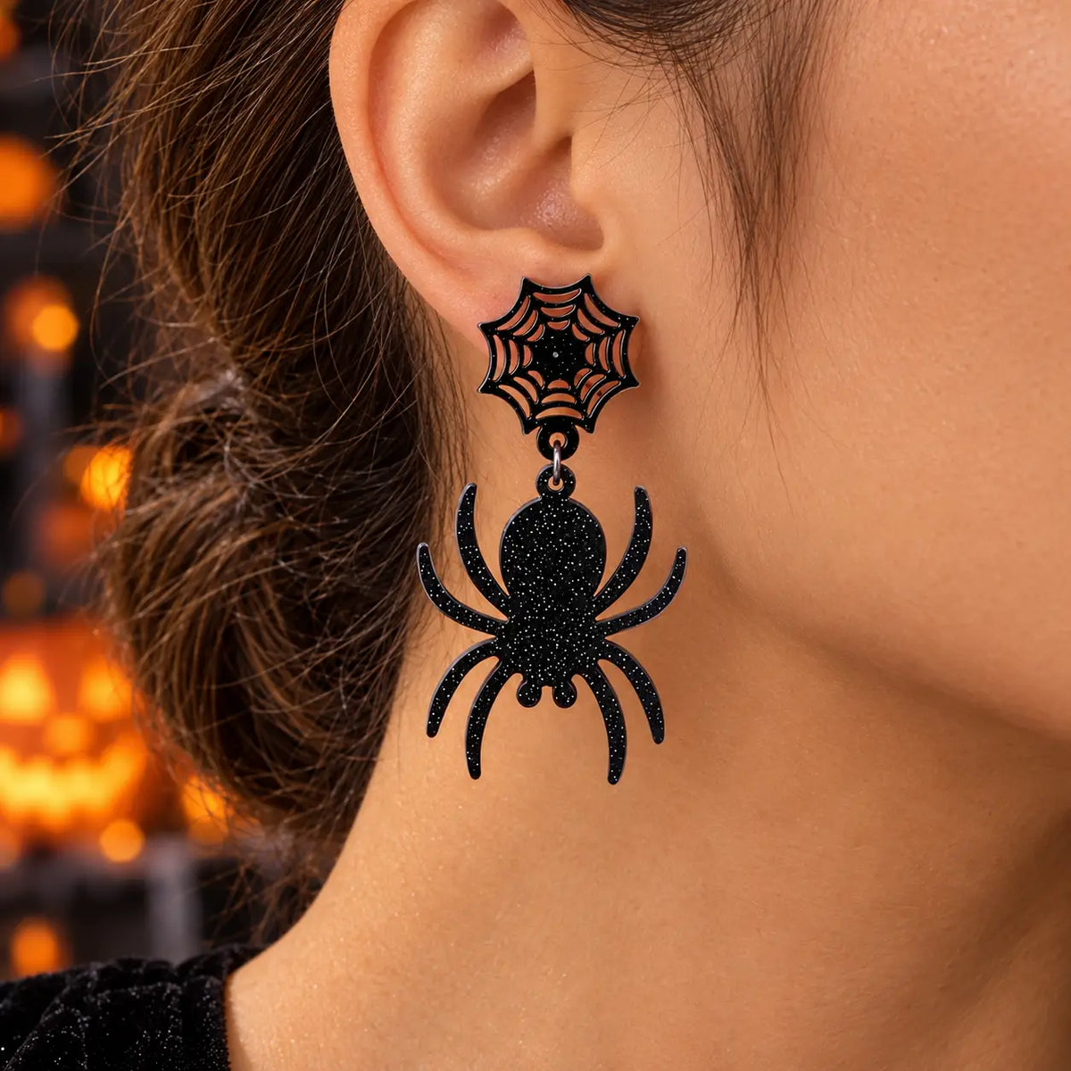 Trendy Black Glitter Spider and Web Acrylic Drop Earrings
