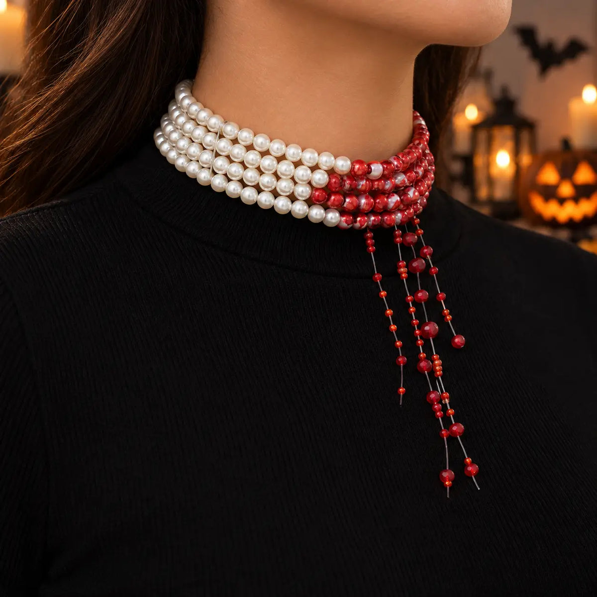 Gothic Blood Drip Faux Pearl Layered Tassel Choker Necklace
