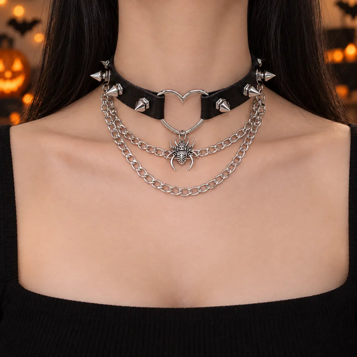 Edgy Punk Black Spiked Heart Choker with Layered Spider Chains