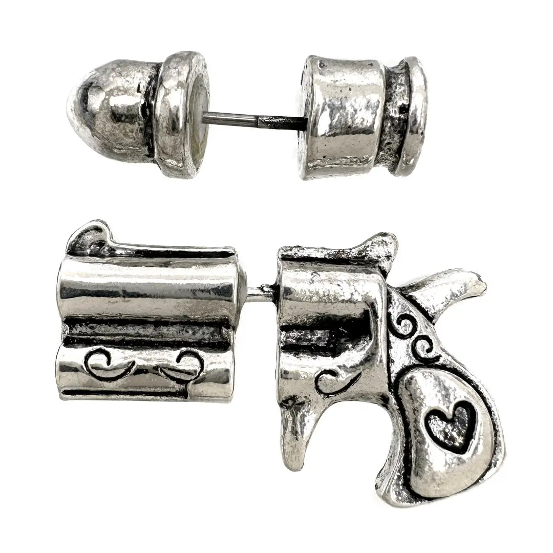 Revolver Pistol Gun and Bullet Stud Earrings