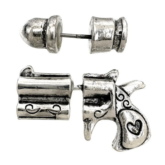 Revolver Pistol Gun and Bullet Stud Earrings