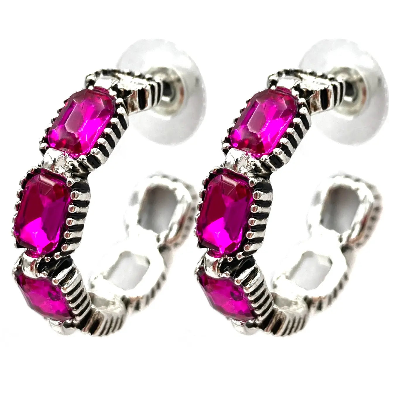 Crystal Gems Open Hoop Earrings Fuchsia