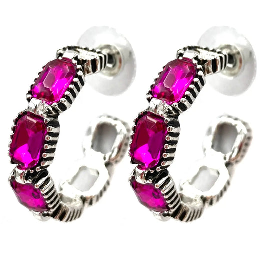 Crystal Gems Open Hoop Earrings Fuchsia