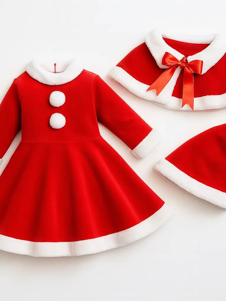 Red-White 3pcs Santa Girl Costume Outfit