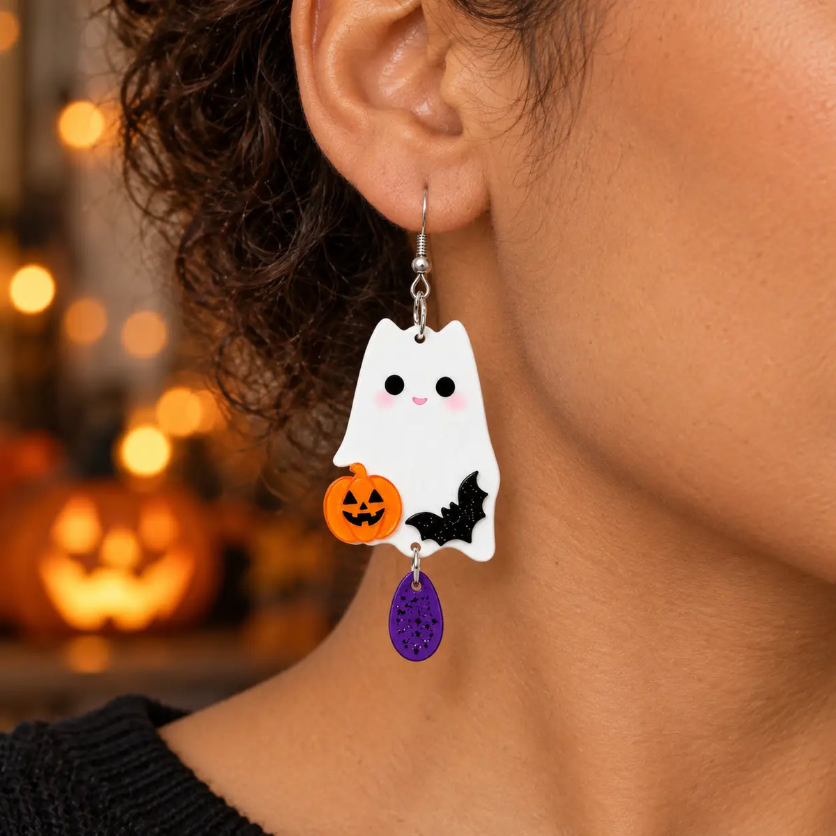 Cute White Ghost Bat Pumpkin Acrylic Halloween Drop Earrings