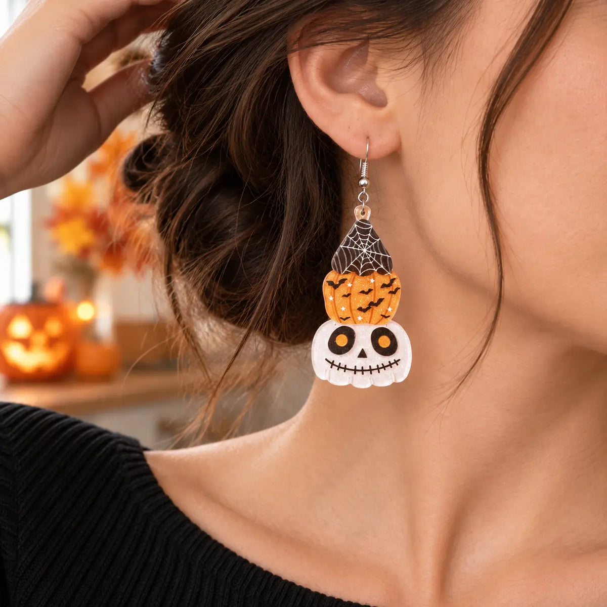 Cute Stacked Halloween Pumpkin Ghost Acrylic Drop Earrings