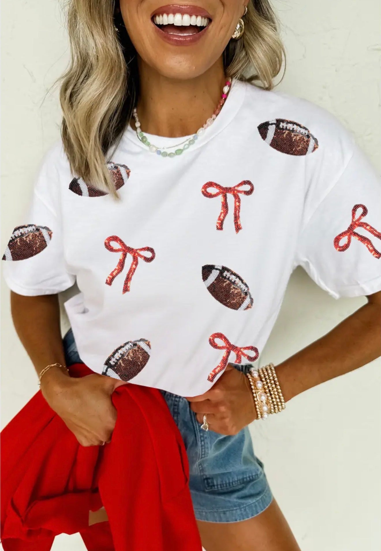 Sequins Game Day Round Neck Short Sleeve T-shirt/White/3XL