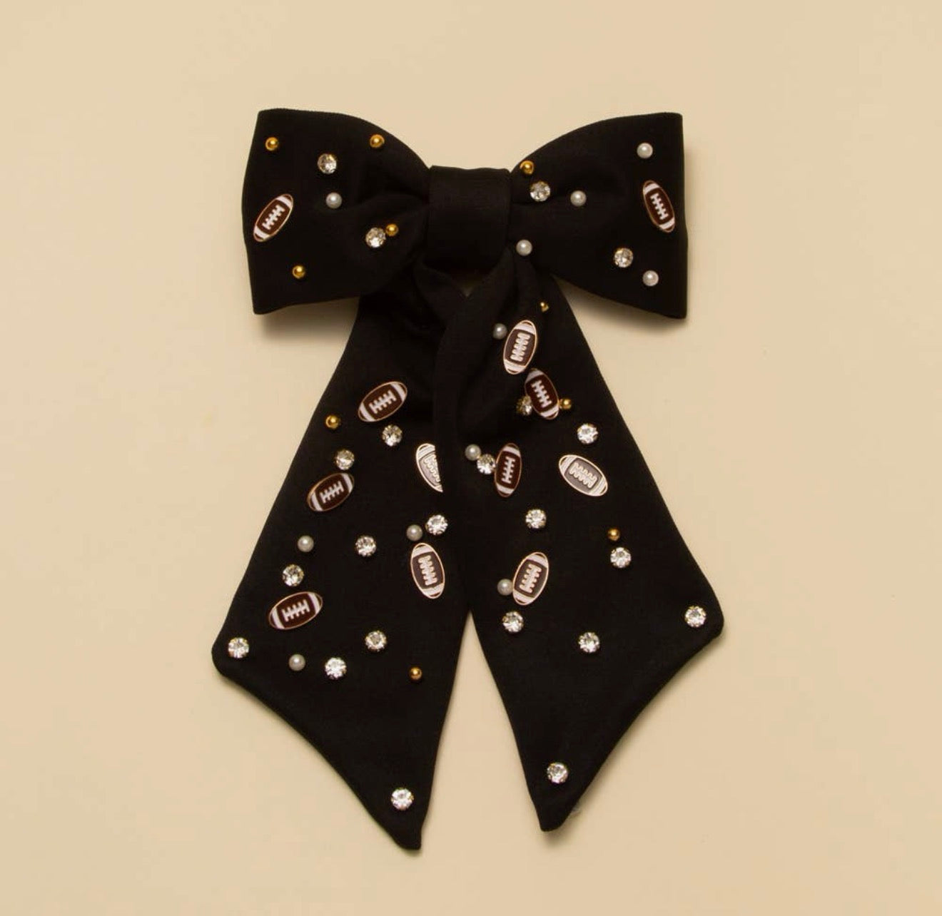 Football Charm Crystal Pearl Embellished Bow Barrette - Black