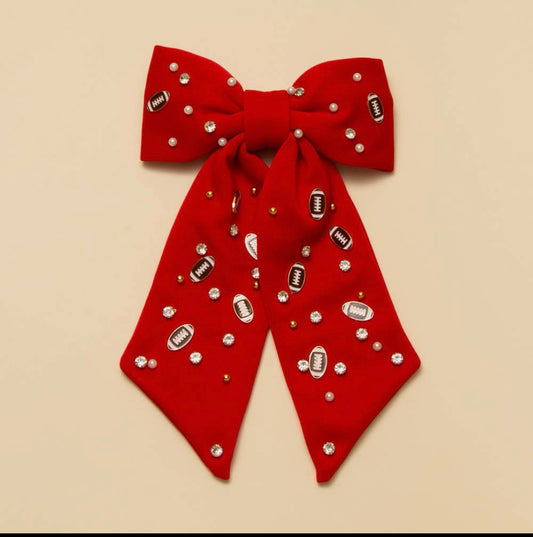 Football Charm Crystal Pearl Embellished Bow Barrette - Red