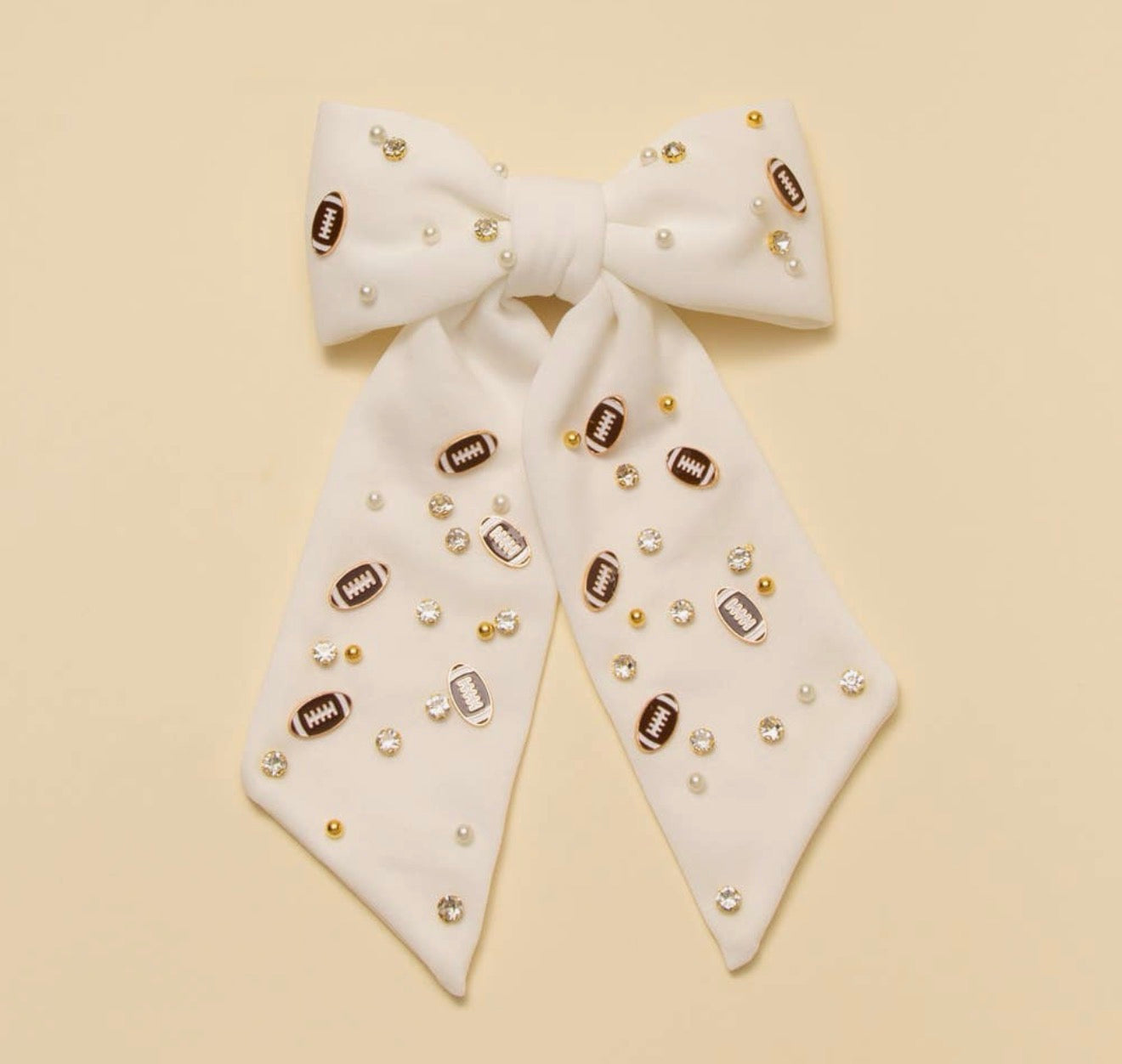 Football Charm Crystal Pearl Embellished Bow Barrette - White