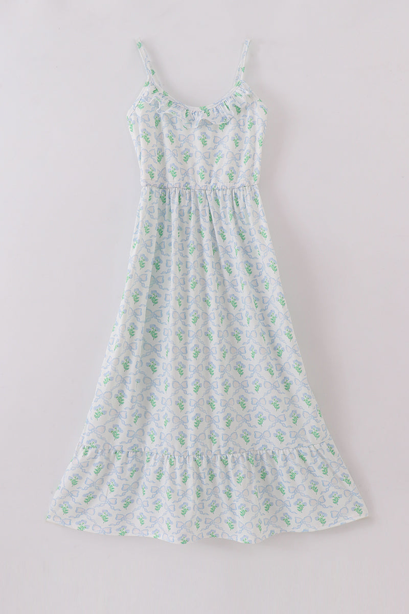 Green Leaves Bow Print Dress