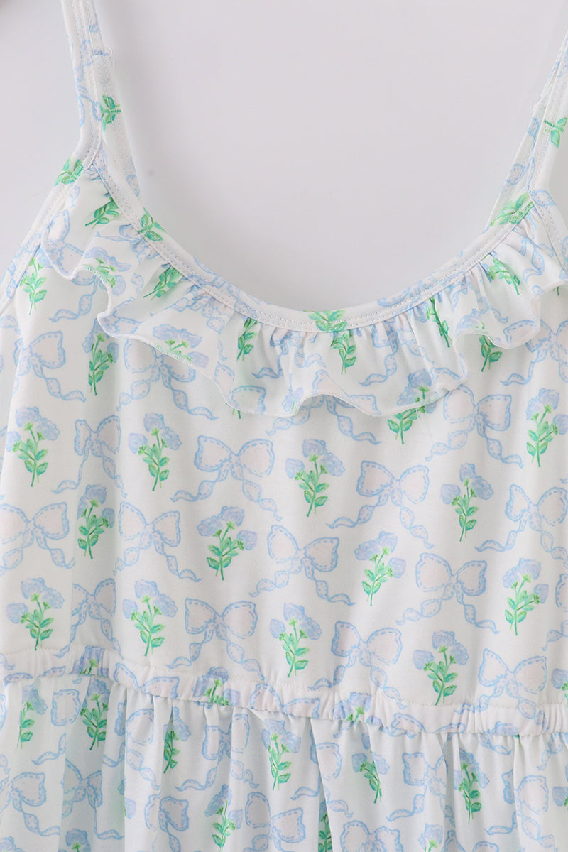 Green Leaves Bow Print Dress