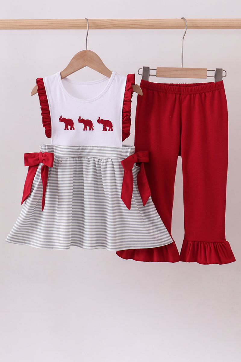 Maroon Alabama embroidery stripe ruffle pants set - 5 Years