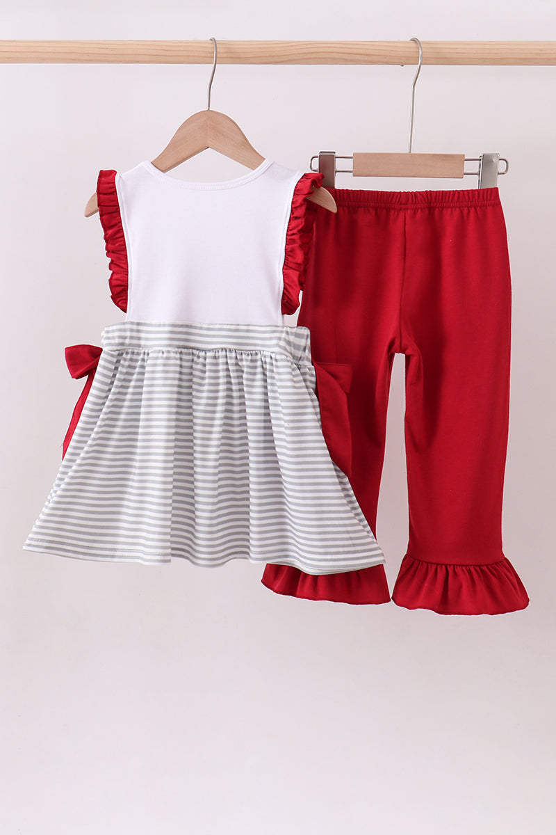 Maroon Alabama embroidery stripe ruffle pants set - 5 Years